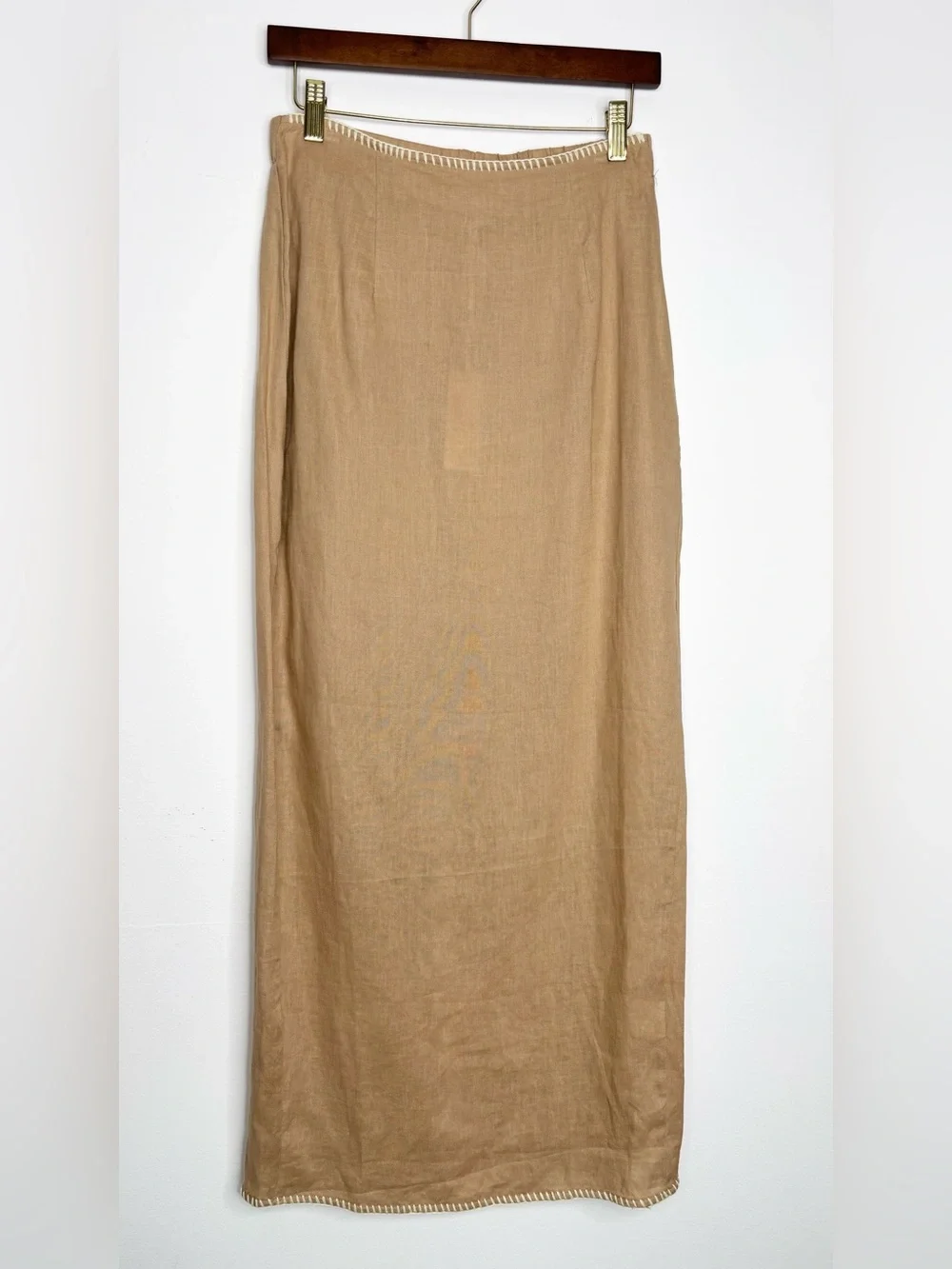 Petal & Pup Odette Linen Maxi Skirt Camel Tan XS NWT 100% Linen Contrast Stitch